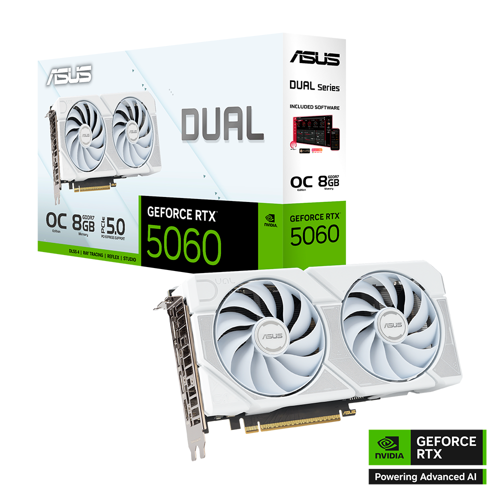 Tarjeta de Video ASUS NVIDIA GeForce RTX 5060 White OC Edition / 8GB / 128-bit GDDR7 / PCI Express 5.0 / DUAL-RTX5060-O8G-WHITE